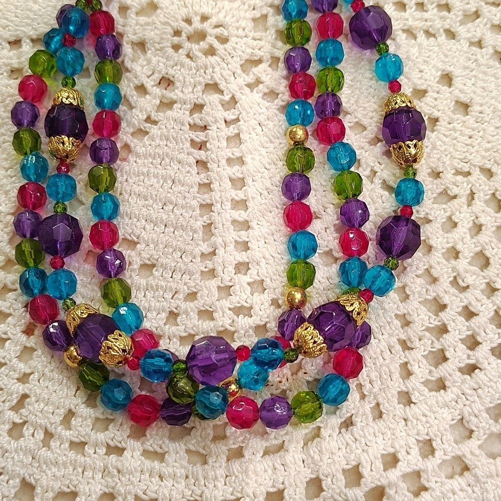 Triple Strand Beaded Necklace Hook Clasp Blue Pink Purple 18" - Picture 3 of 5